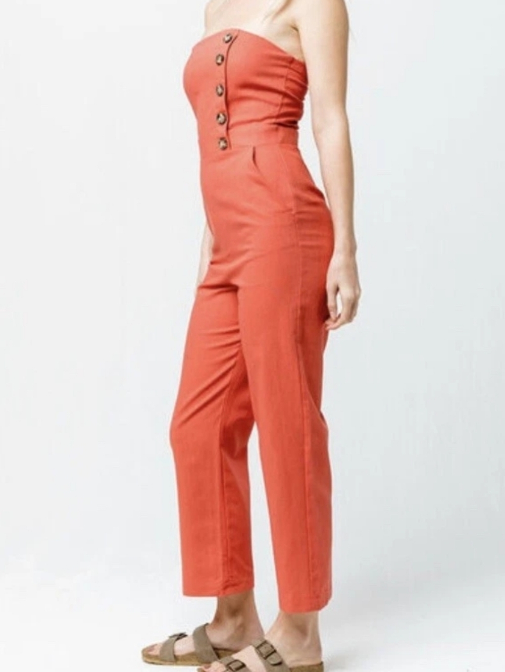 Social Gypsy Womens Strapless Tube  Linen Jumpsuit Button Front Cotton Blend Med